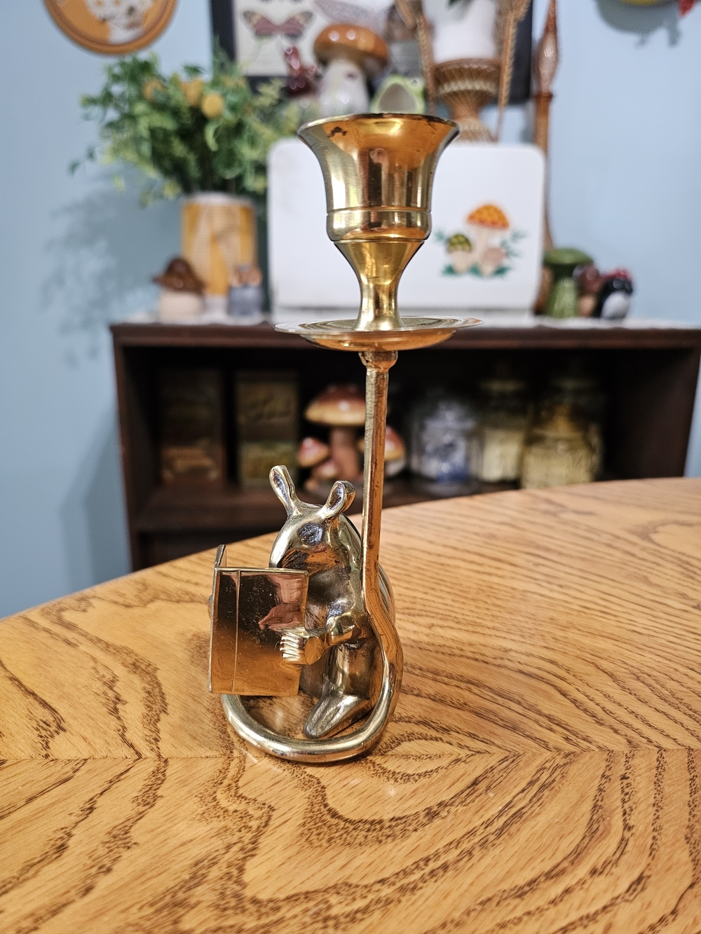 Vintage Brass Mouse Reading A Book Candle Stick Taper Holder Cottagecore Gold
